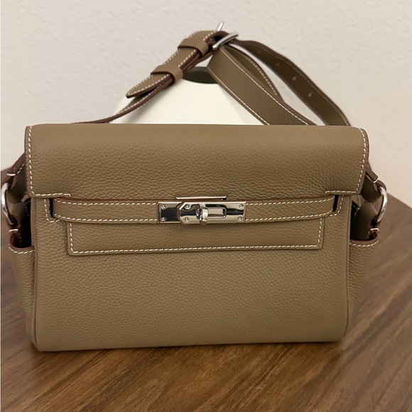 H inspired. K Messenger Taupe Leather Crossbody Bag